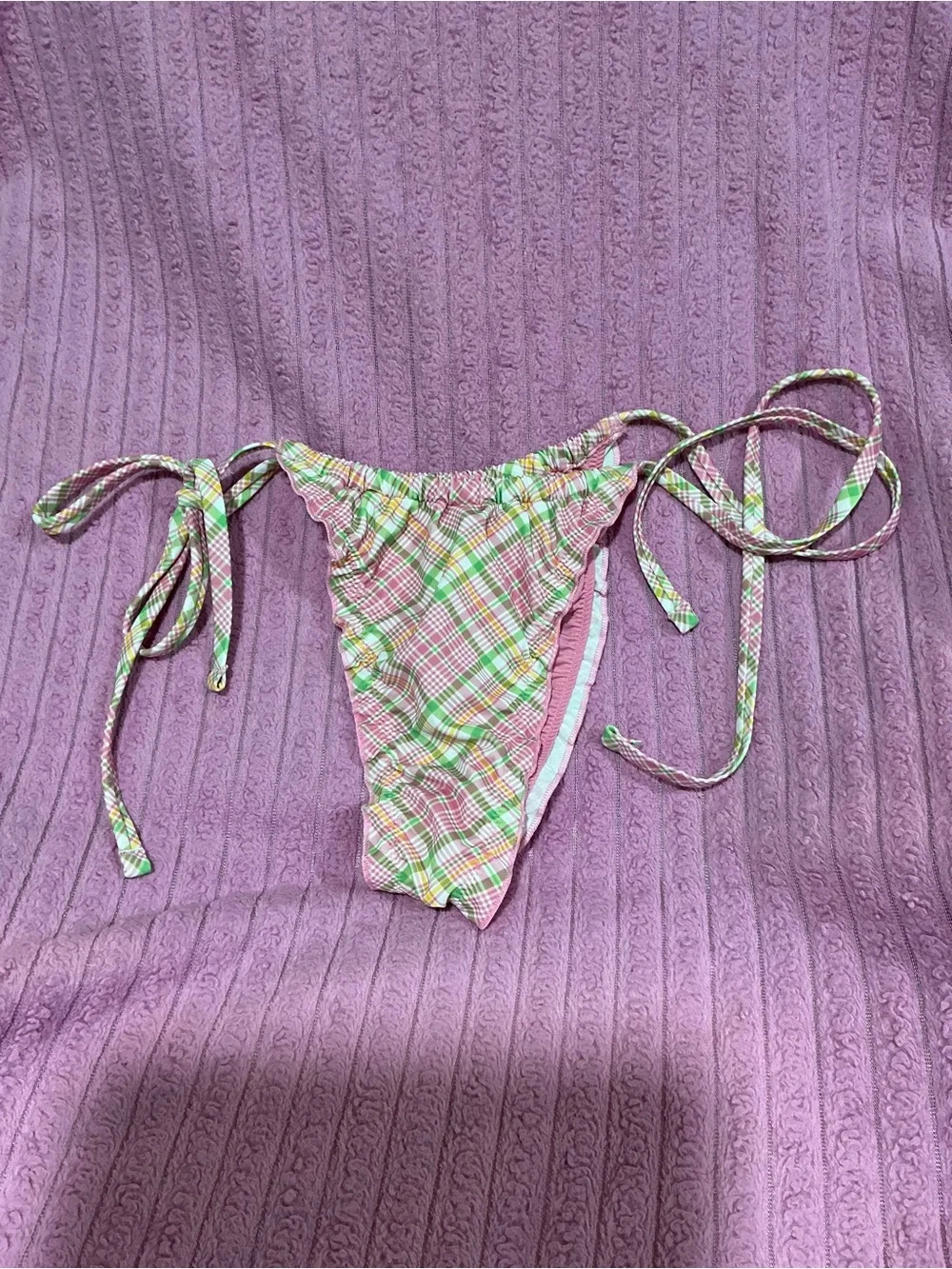 🤎 NWT PINK by Frankies Bikinis Plaid Pink String Bikini Swim Bottom - M (#00807)
